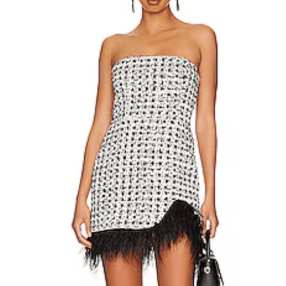 Amanda Uprichard Jazz Dress Kelly tweed rhinestone feather trim
